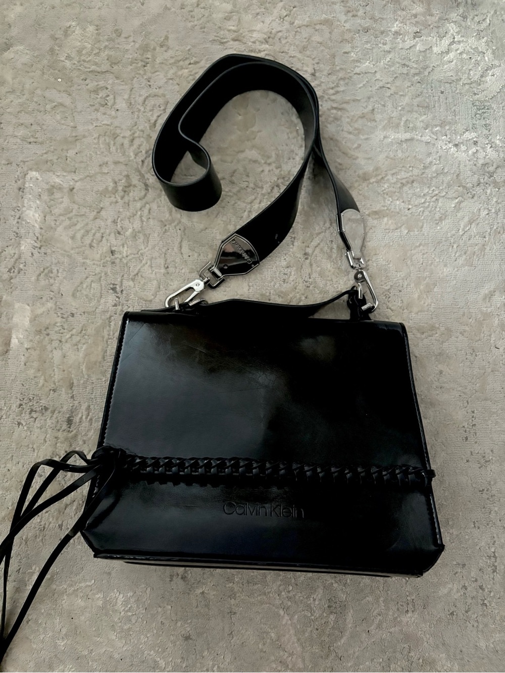 Calvin Klein Black Patent Crossbody with Braided Front